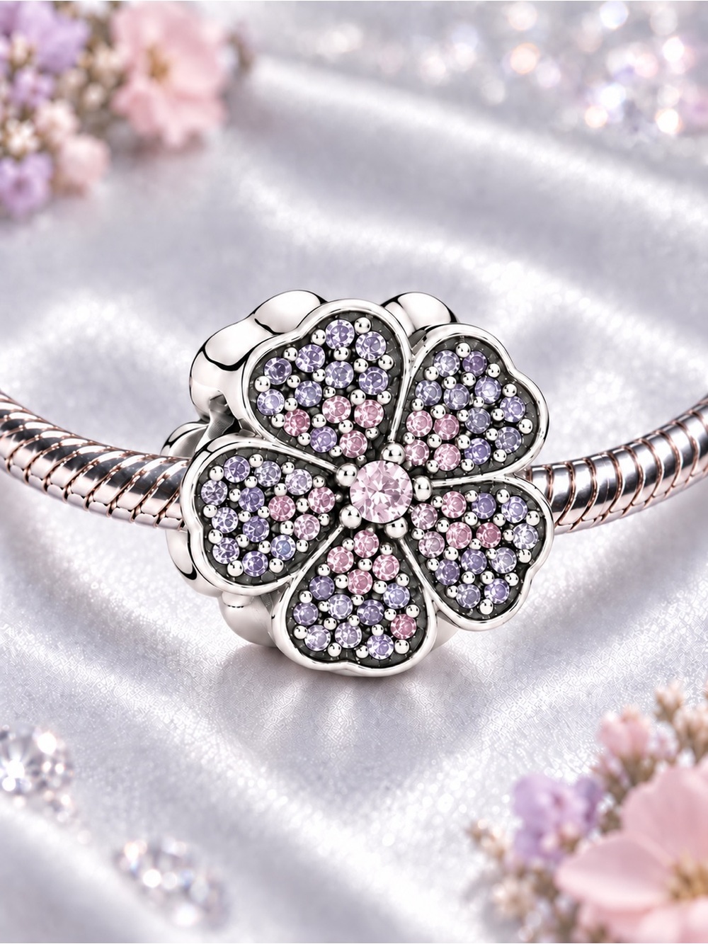 Primrose Flower Charm Sterling Silver Pink & Purple Pavé
